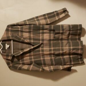 Christian Siriano Beige and Green Plaid Long Knit Blazer